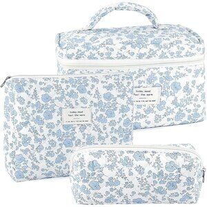 3Pcs Makeup Bag Quilted Cosmetic Bag Set Bow Travel Large Makeup Pouch for Women